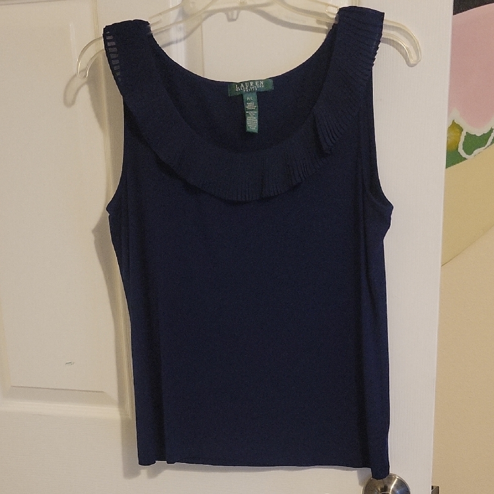 Lauren Ralph Lauren Navy Blue Sleeveless Pleated Collar Tank Top